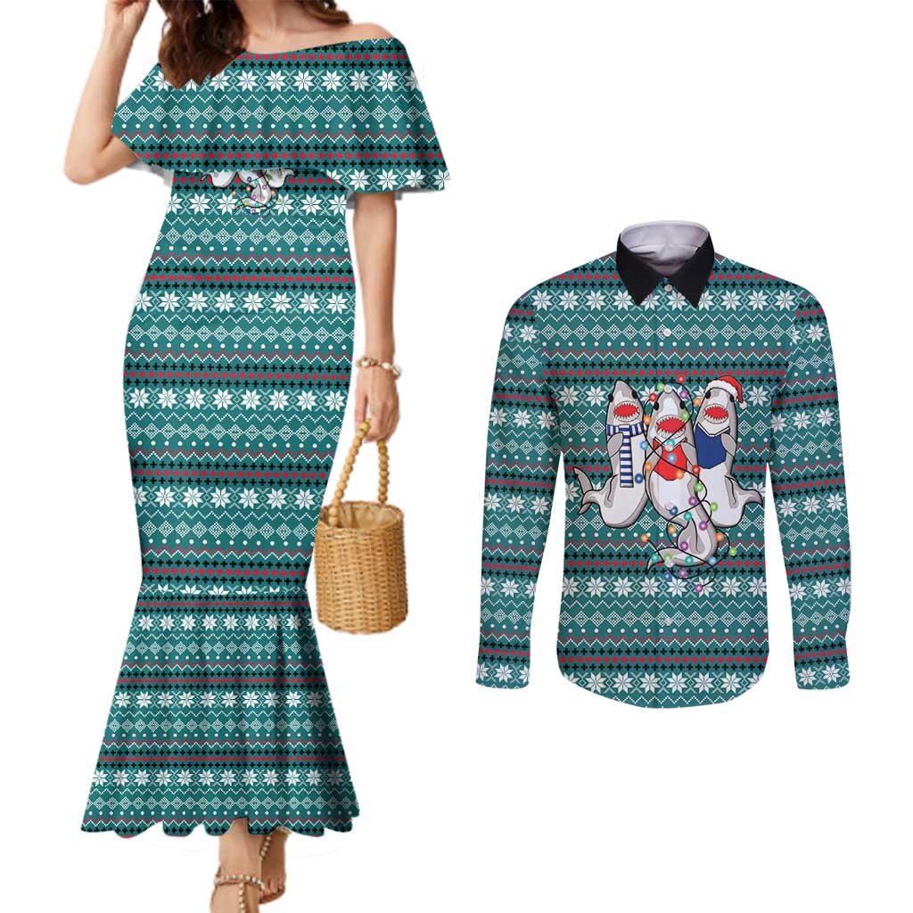 Funny Shark Christmas Couples Matching Mermaid Dress and Long Sleeve Button Shirt Xmas Holiday Patterns - Wonder Print Shop