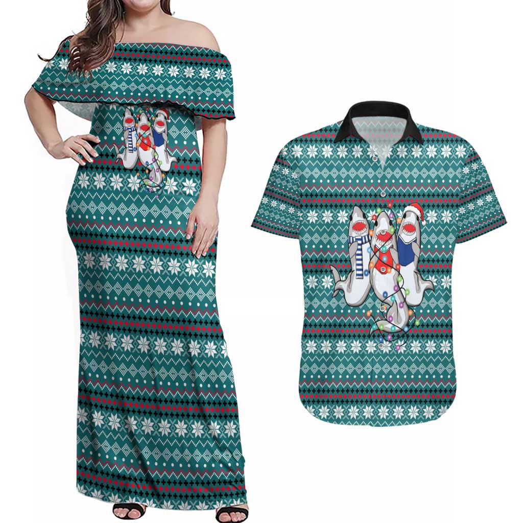 Funny Shark Christmas Couples Matching Off Shoulder Maxi Dress and Hawaiian Shirt Xmas Holiday Patterns - Wonder Print Shop