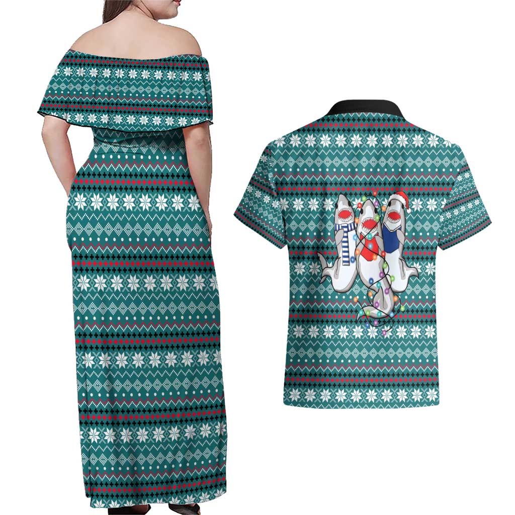 Funny Shark Christmas Couples Matching Off Shoulder Maxi Dress and Hawaiian Shirt Xmas Holiday Patterns - Wonder Print Shop