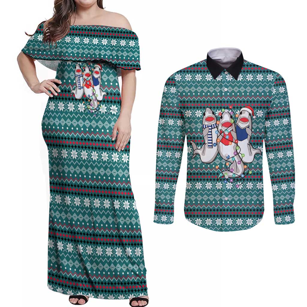 Funny Shark Christmas Couples Matching Off Shoulder Maxi Dress and Long Sleeve Button Shirt Xmas Holiday Patterns - Wonder Print Shop