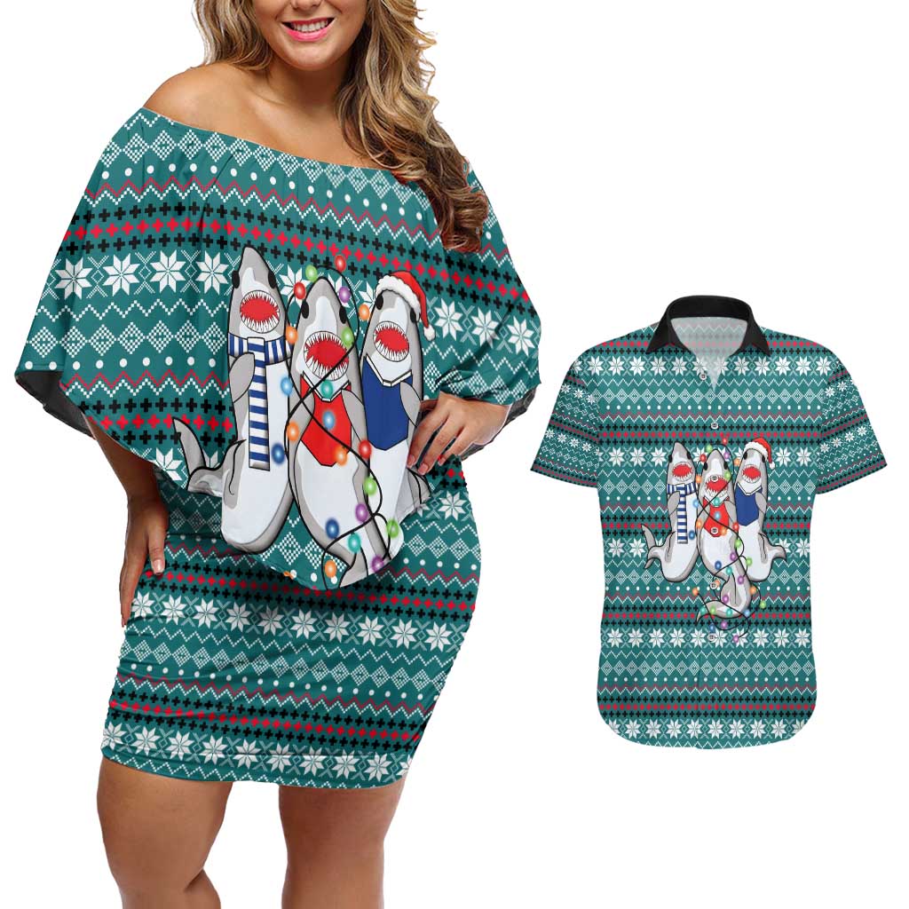 Funny Shark Christmas Couples Matching Off Shoulder Short Dress and Hawaiian Shirt Xmas Holiday Patterns - Wonder Print Shop