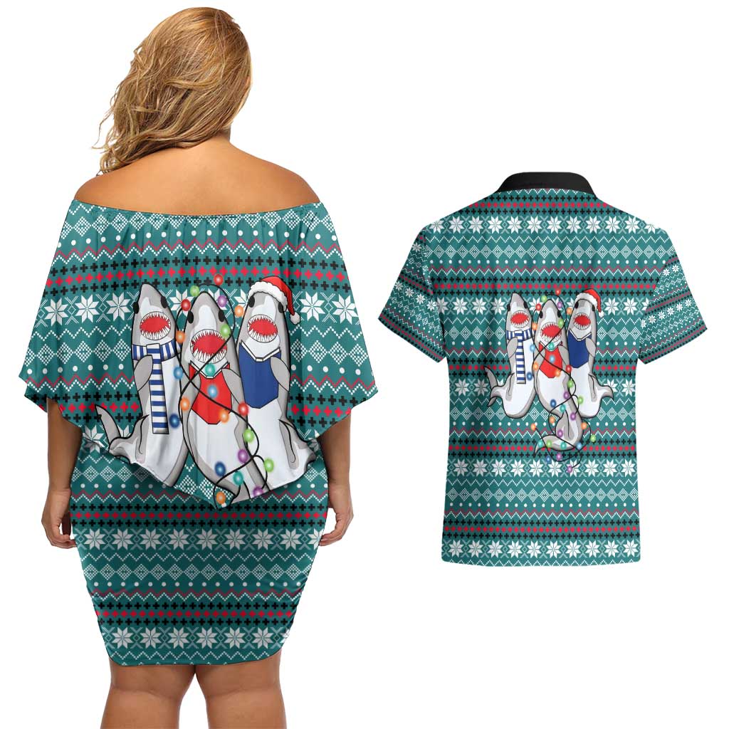 Funny Shark Christmas Couples Matching Off Shoulder Short Dress and Hawaiian Shirt Xmas Holiday Patterns - Wonder Print Shop