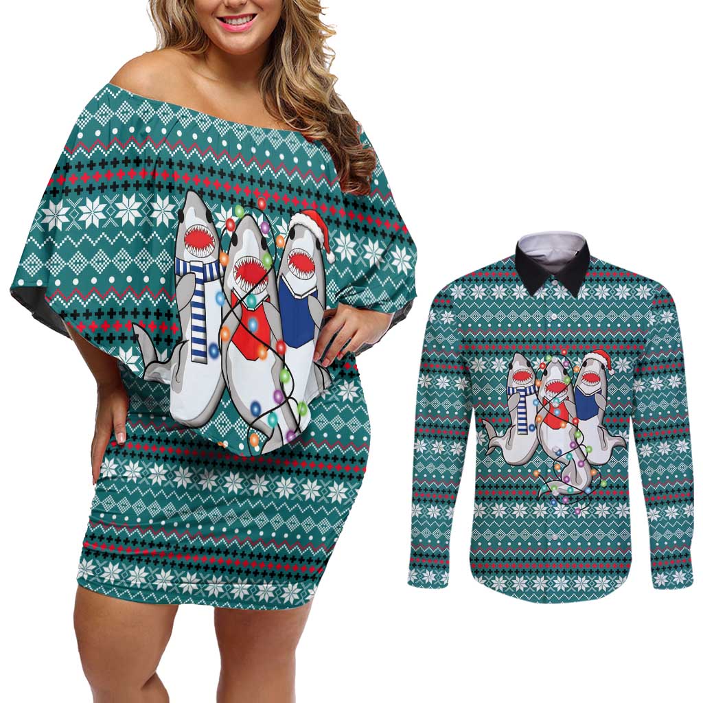 Funny Shark Christmas Couples Matching Off Shoulder Short Dress and Long Sleeve Button Shirt Xmas Holiday Patterns - Wonder Print Shop