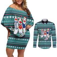 Funny Shark Christmas Couples Matching Off Shoulder Short Dress and Long Sleeve Button Shirt Xmas Holiday Patterns - Wonder Print Shop