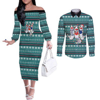 Funny Shark Christmas Couples Matching Off The Shoulder Long Sleeve Dress and Long Sleeve Button Shirt Xmas Holiday Patterns - Wonder Print Shop