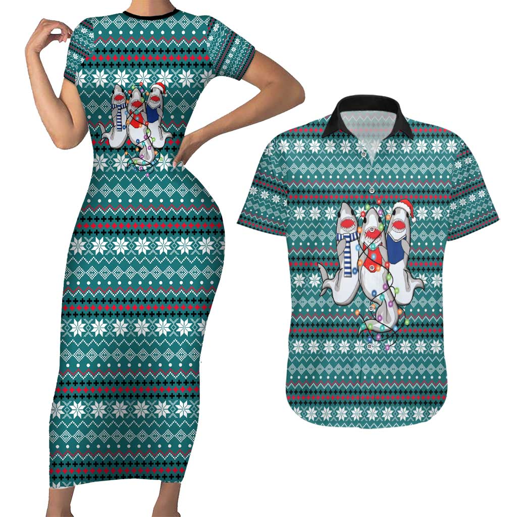 Funny Shark Christmas Couples Matching Short Sleeve Bodycon Dress and Hawaiian Shirt Xmas Holiday Patterns - Wonder Print Shop