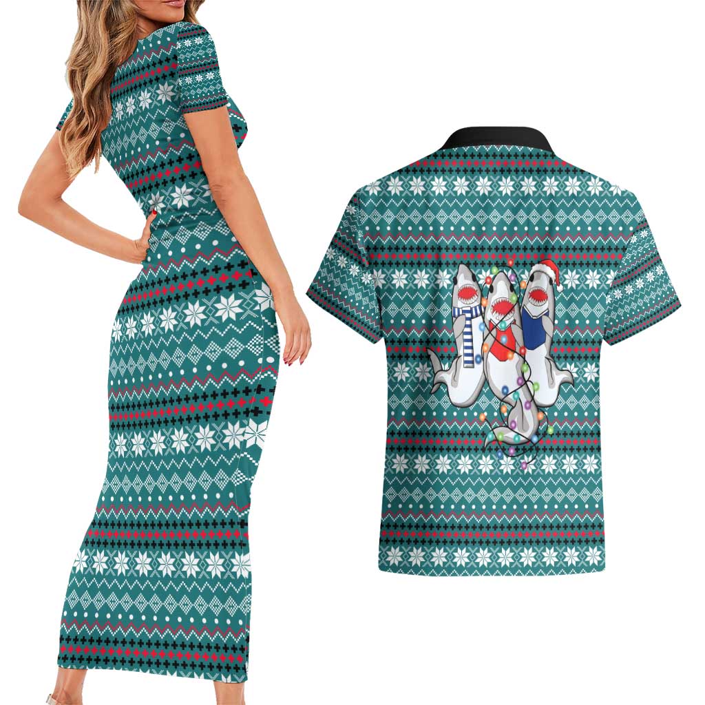 Funny Shark Christmas Couples Matching Short Sleeve Bodycon Dress and Hawaiian Shirt Xmas Holiday Patterns - Wonder Print Shop