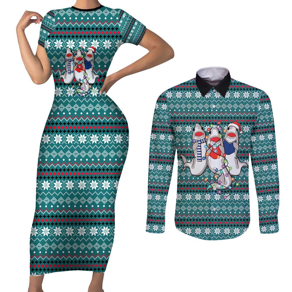 Funny Shark Christmas Couples Matching Short Sleeve Bodycon Dress and Long Sleeve Button Shirt Xmas Holiday Patterns - Wonder Print Shop