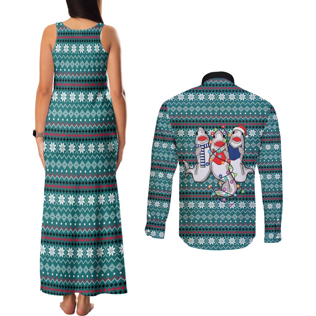 Funny Shark Christmas Couples Matching Tank Maxi Dress and Long Sleeve Button Shirt Xmas Holiday Patterns - Wonder Print Shop