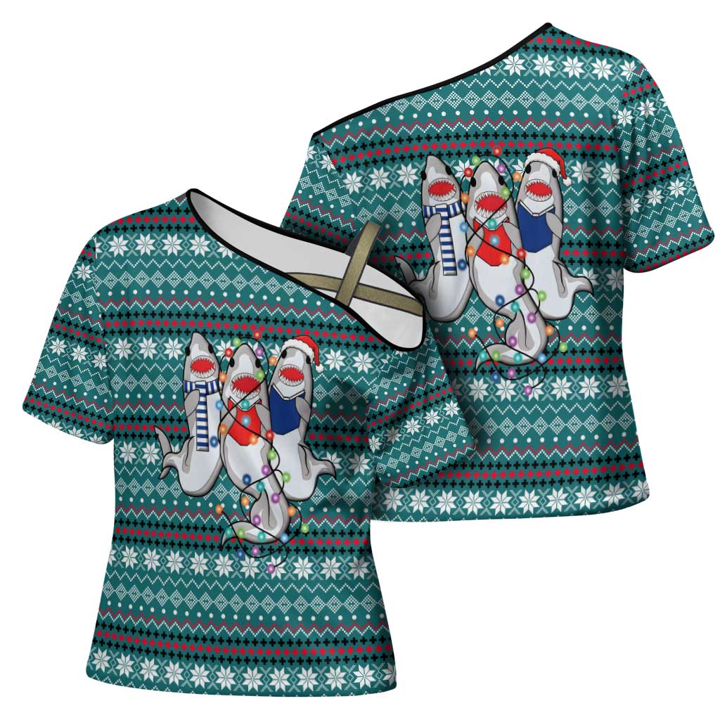 Funny Shark Christmas Cross Shoulder Shirt Xmas Holiday Patterns - Wonder Print Shop