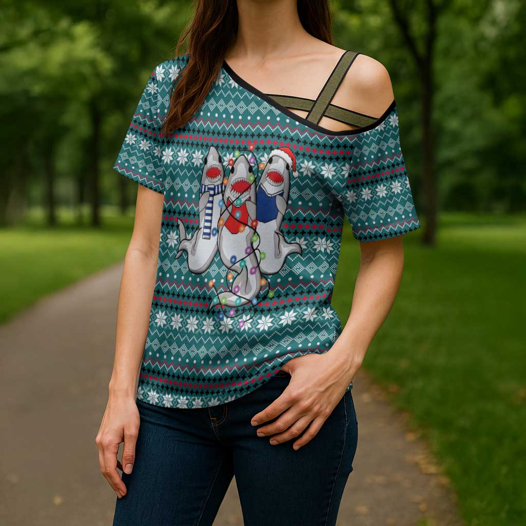 Funny Shark Christmas Cross Shoulder Shirt Xmas Holiday Patterns - Wonder Print Shop
