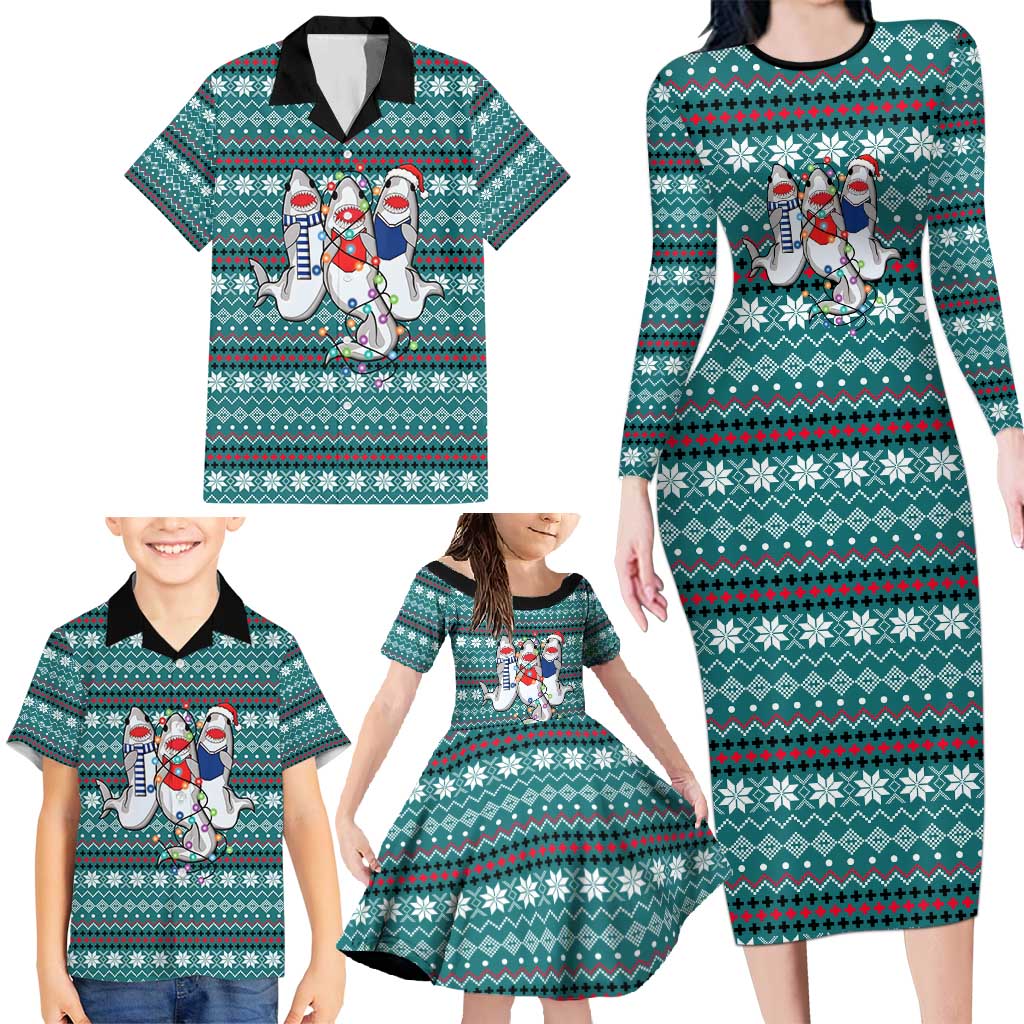 Funny Shark Christmas Family Matching Long Sleeve Bodycon Dress and Hawaiian Shirt Xmas Holiday Patterns - Wonder Print Shop