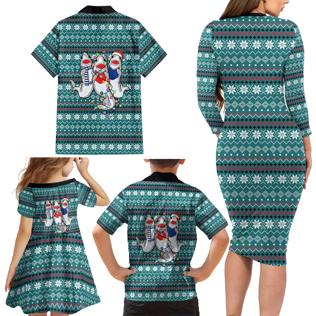 Funny Shark Christmas Family Matching Long Sleeve Bodycon Dress and Hawaiian Shirt Xmas Holiday Patterns - Wonder Print Shop
