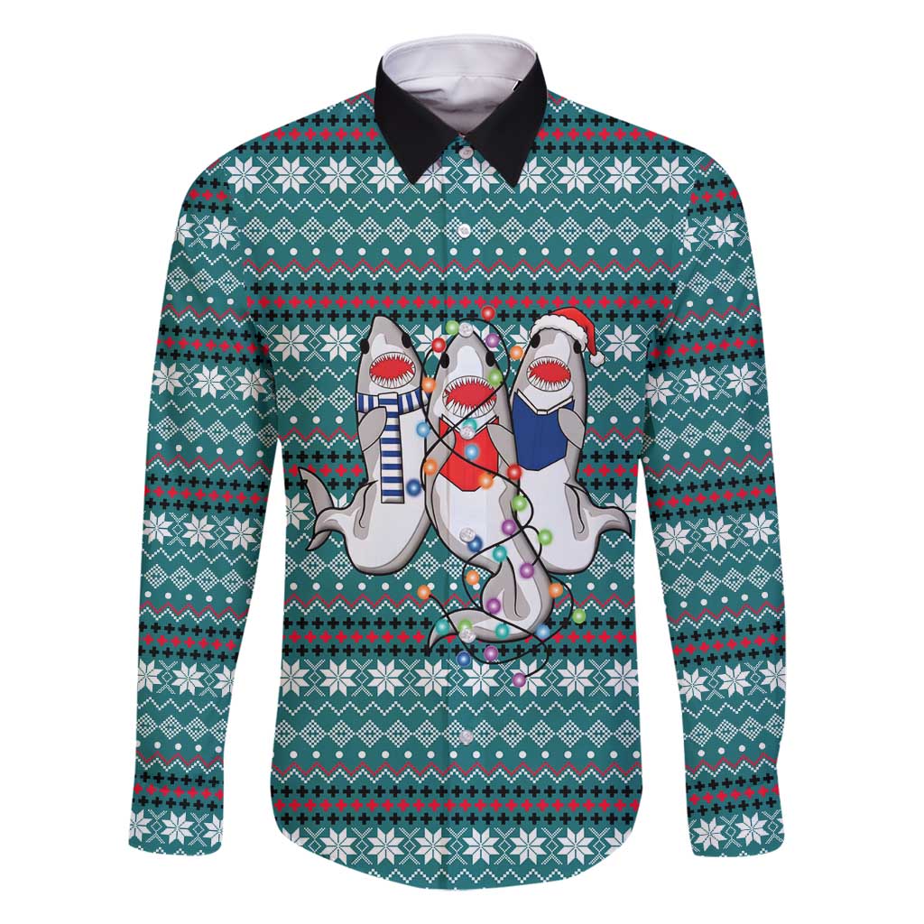 Funny Shark Christmas Family Matching Long Sleeve Bodycon Dress and Hawaiian Shirt Xmas Holiday Patterns - Wonder Print Shop