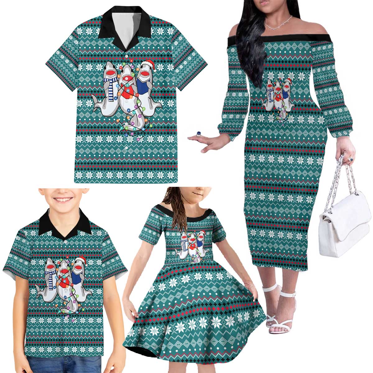 Funny Shark Christmas Family Matching Off The Shoulder Long Sleeve Dress and Hawaiian Shirt Xmas Holiday Patterns - Wonder Print Shop