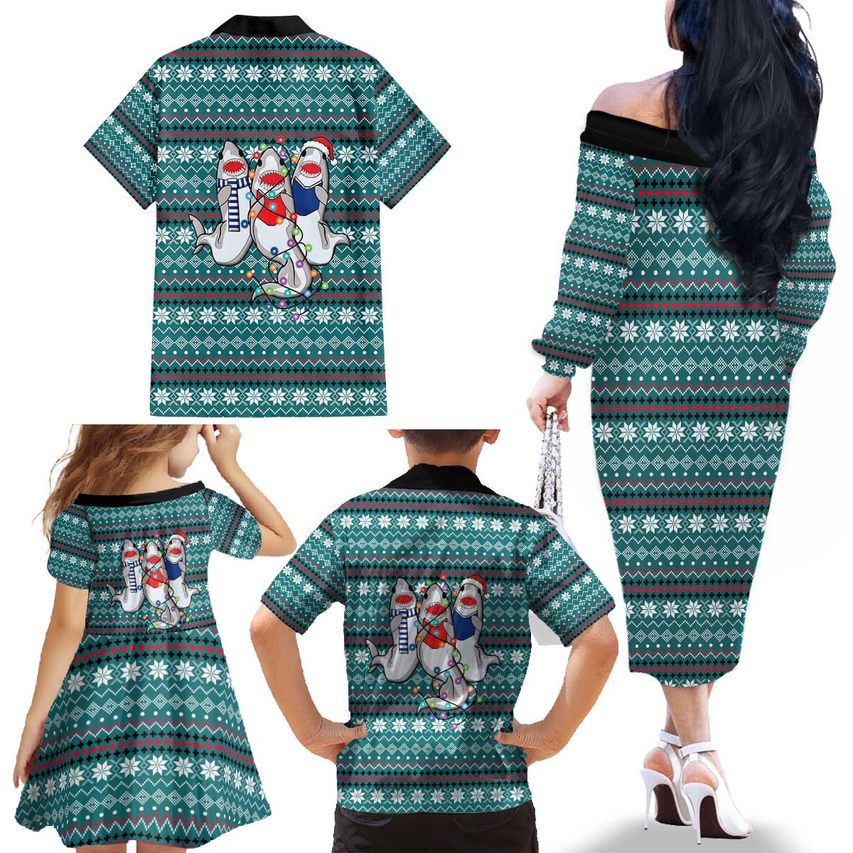 Funny Shark Christmas Family Matching Off The Shoulder Long Sleeve Dress and Hawaiian Shirt Xmas Holiday Patterns - Wonder Print Shop