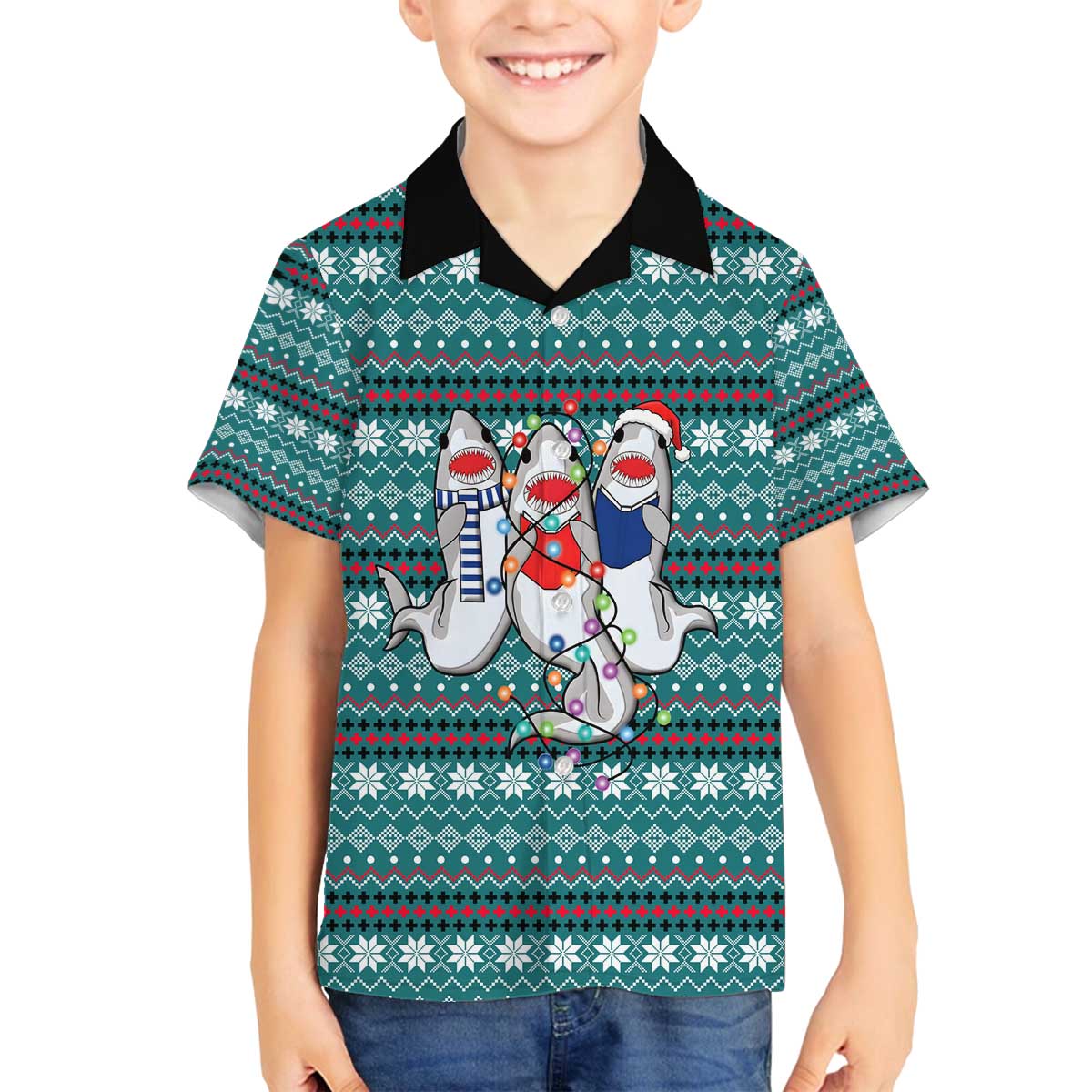 Funny Shark Christmas Family Matching Off The Shoulder Long Sleeve Dress and Hawaiian Shirt Xmas Holiday Patterns - Wonder Print Shop
