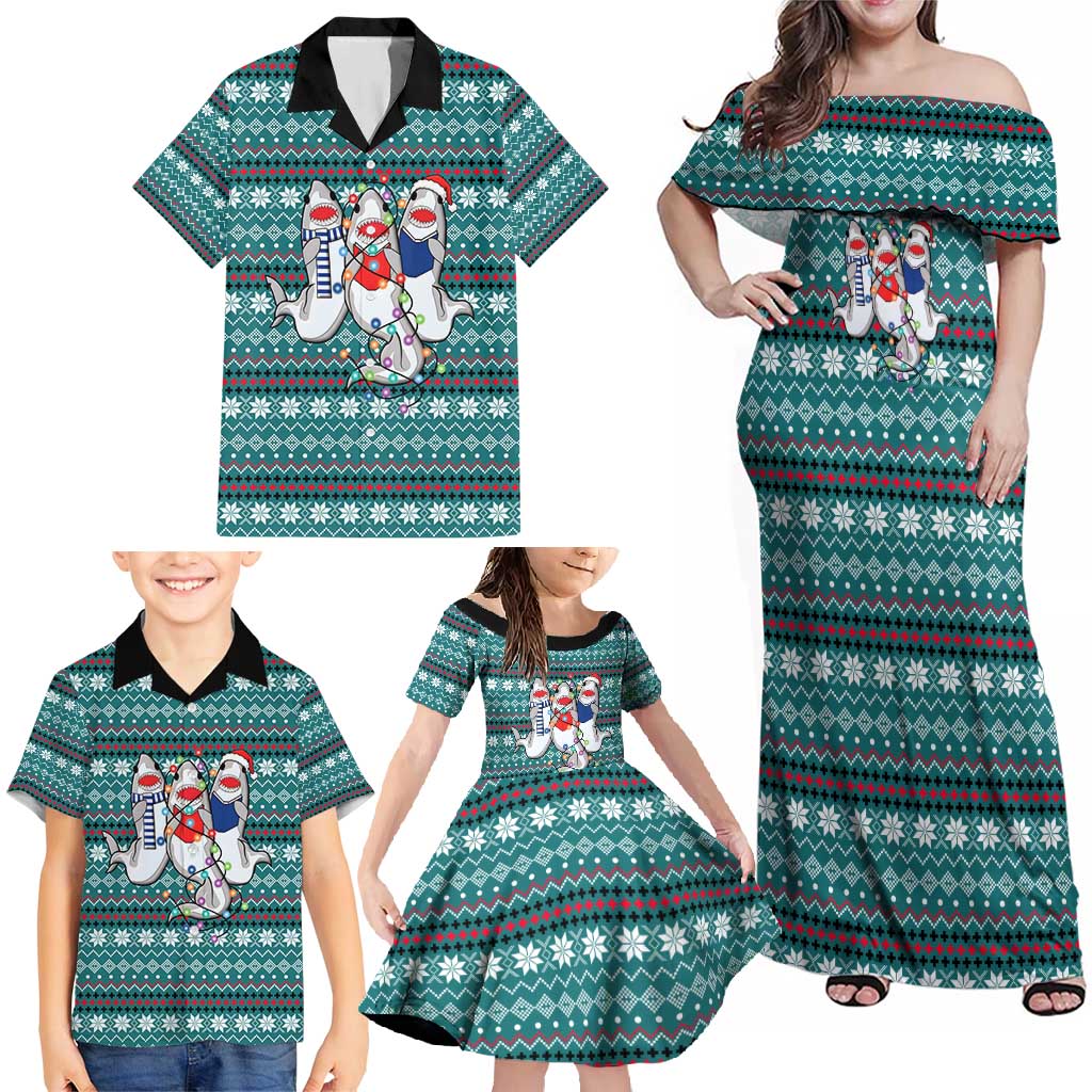 Funny Shark Christmas Family Matching Off Shoulder Maxi Dress and Hawaiian Shirt Xmas Holiday Patterns - Wonder Print Shop