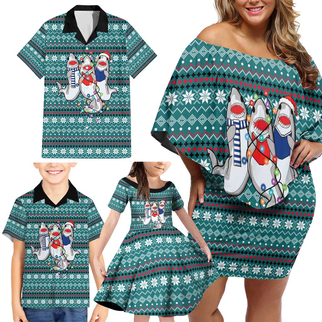 Funny Shark Christmas Family Matching Off Shoulder Short Dress and Hawaiian Shirt Xmas Holiday Patterns - Wonder Print Shop