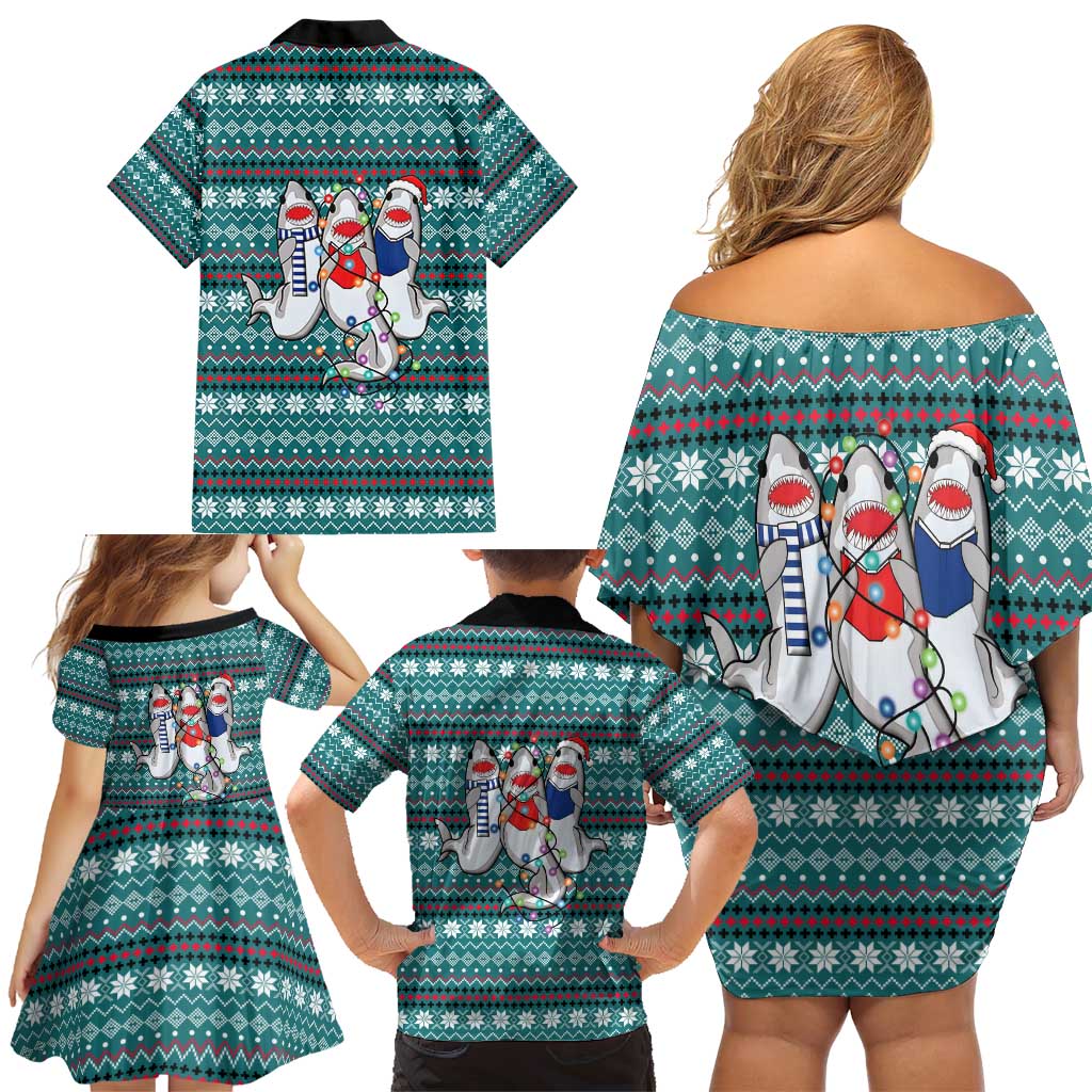 Funny Shark Christmas Family Matching Off Shoulder Short Dress and Hawaiian Shirt Xmas Holiday Patterns - Wonder Print Shop