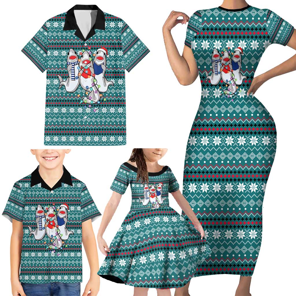 Funny Shark Christmas Family Matching Short Sleeve Bodycon Dress and Hawaiian Shirt Xmas Holiday Patterns - Wonder Print Shop
