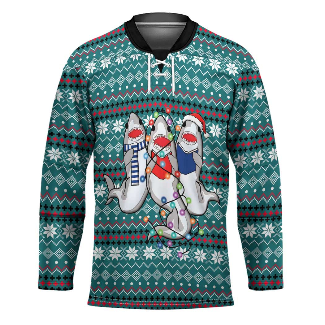 Funny Shark Christmas Hockey Jersey Xmas Holiday Patterns - Wonder Print Shop