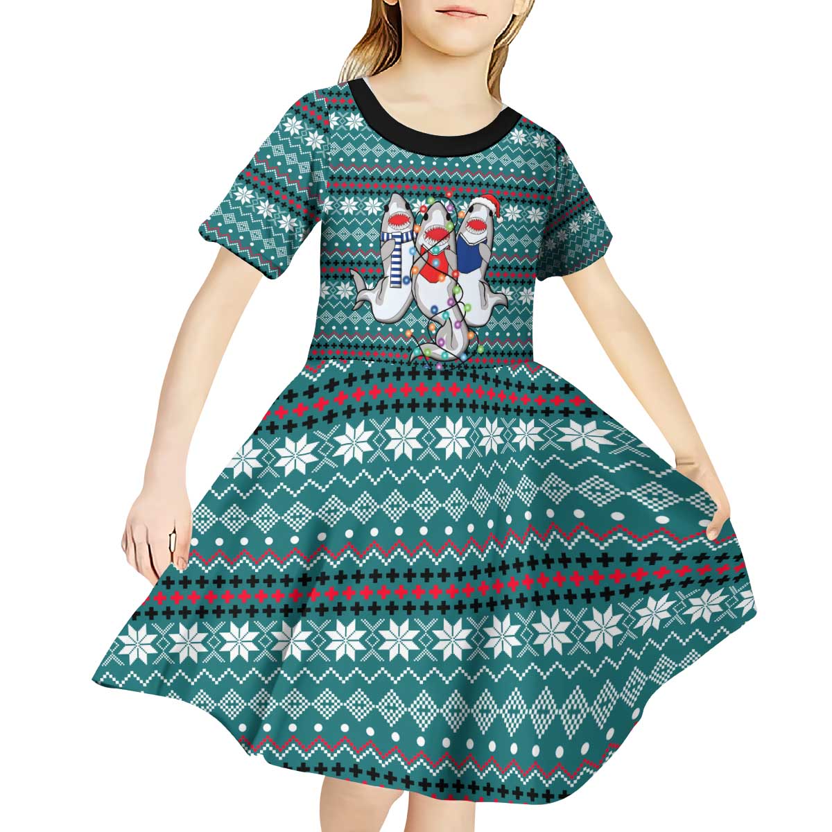 Funny Shark Christmas Kid Short Sleeve Dress Xmas Holiday Patterns - Wonder Print Shop