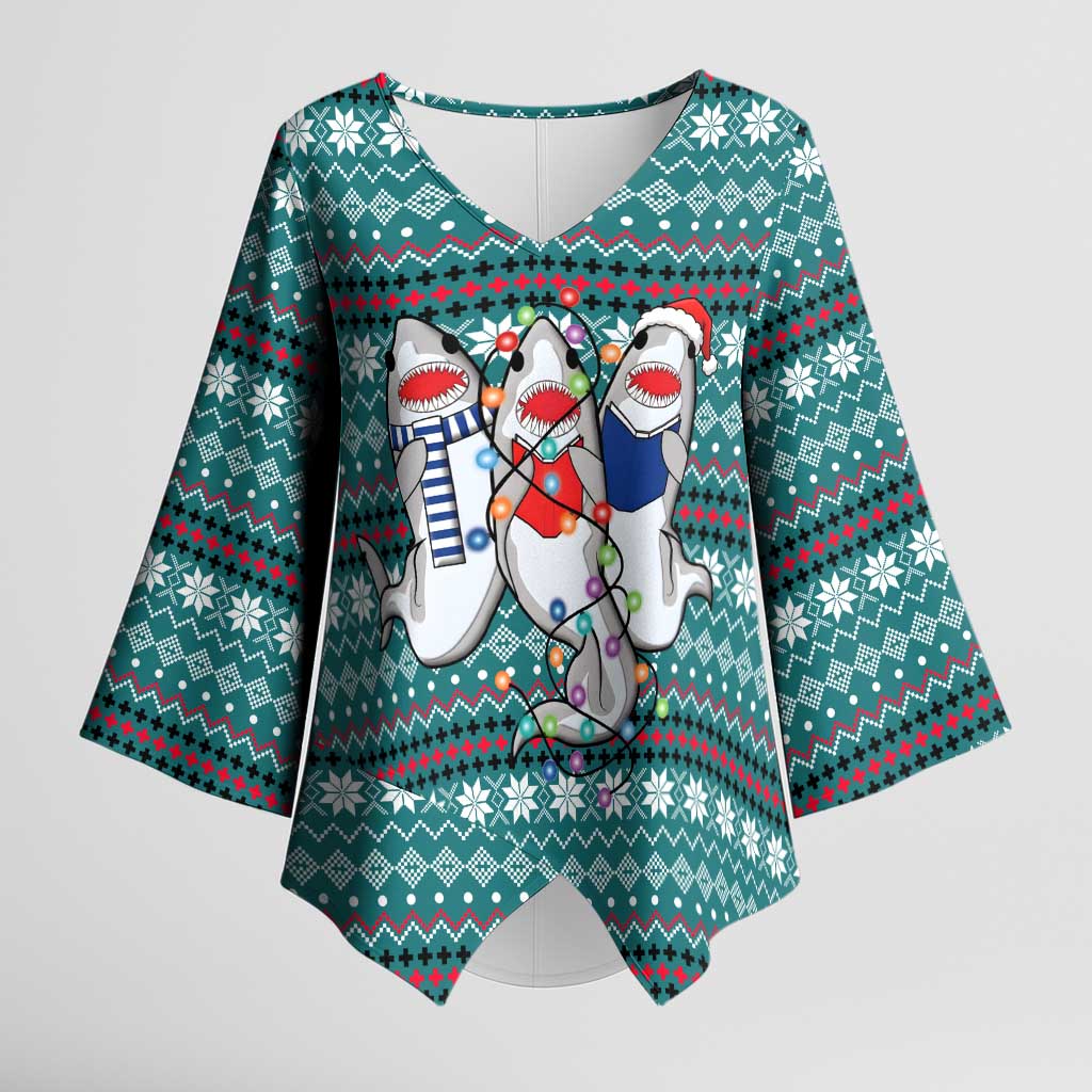 Funny Shark Christmas Kimono Sleeve Blouse Xmas Holiday Patterns - Wonder Print Shop