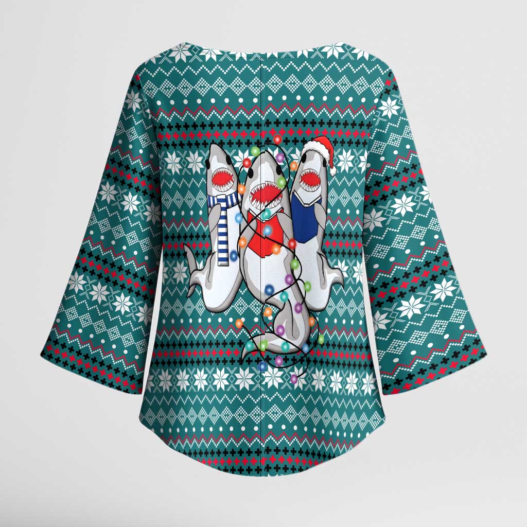Funny Shark Christmas Kimono Sleeve Blouse Xmas Holiday Patterns - Wonder Print Shop