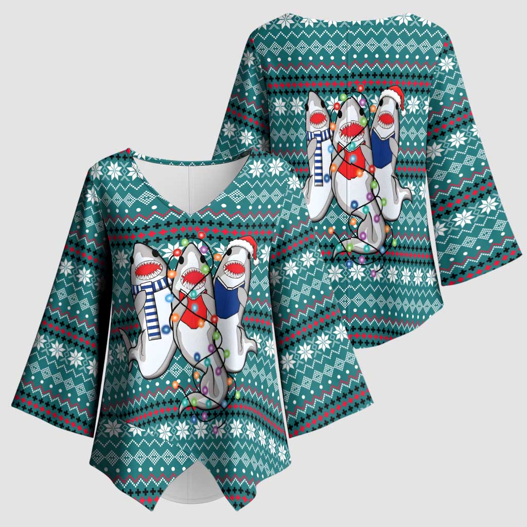 Funny Shark Christmas Kimono Sleeve Blouse Xmas Holiday Patterns - Wonder Print Shop