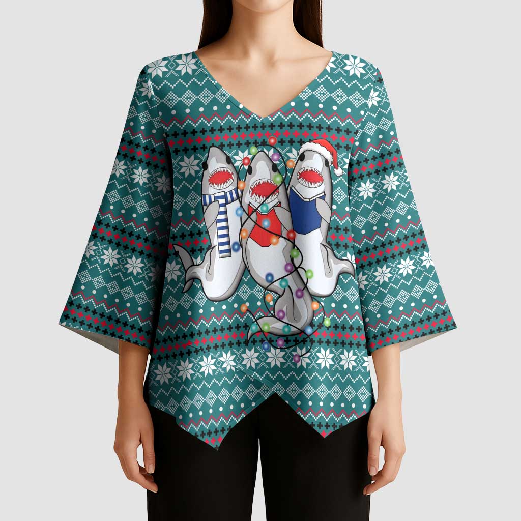 Funny Shark Christmas Kimono Sleeve Blouse Xmas Holiday Patterns - Wonder Print Shop