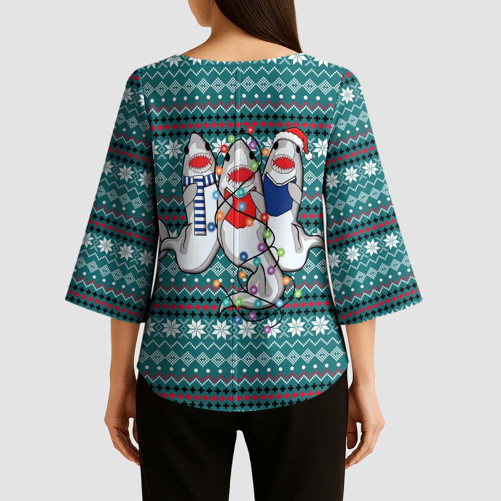 Funny Shark Christmas Kimono Sleeve Blouse Xmas Holiday Patterns - Wonder Print Shop