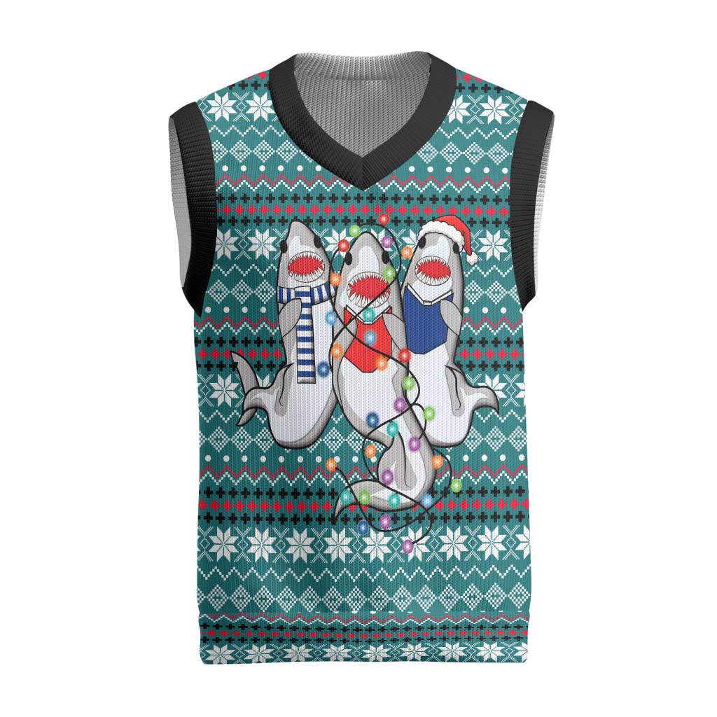 Funny Shark Christmas Knitted V-Neck Vest Xmas Holiday Patterns - Wonder Print Shop