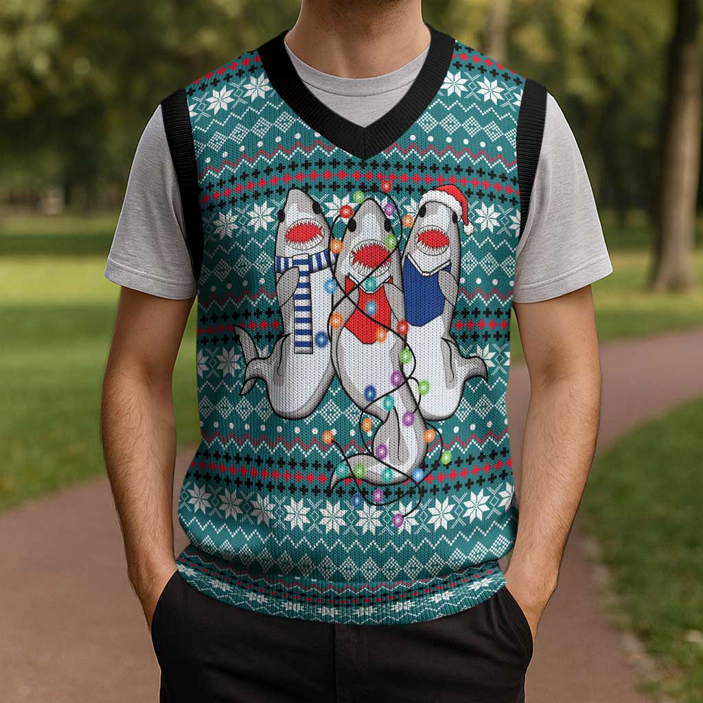 Funny Shark Christmas Knitted V-Neck Vest Xmas Holiday Patterns - Wonder Print Shop