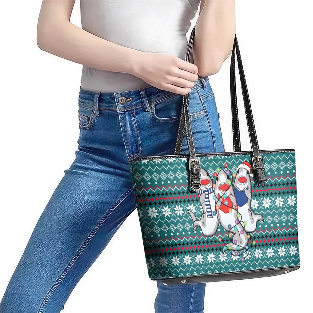 Funny Shark Christmas Leather Tote Bag Xmas Holiday Patterns - Wonder Print Shop