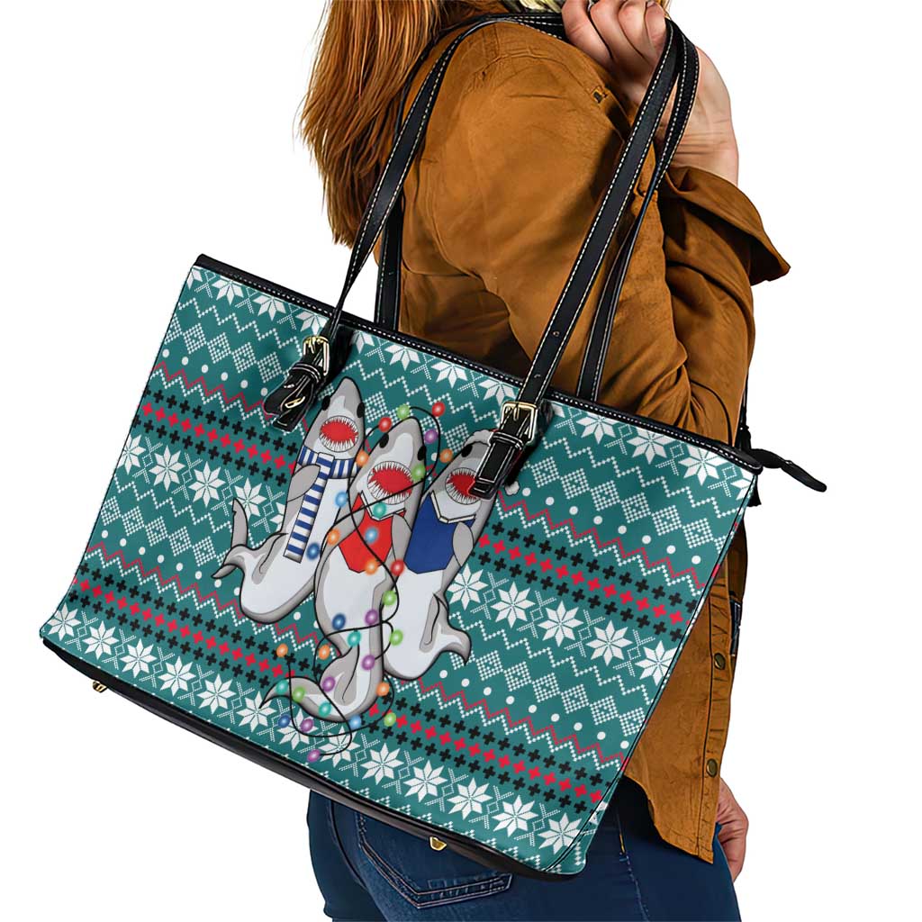 Funny Shark Christmas Leather Tote Bag Xmas Holiday Patterns - Wonder Print Shop