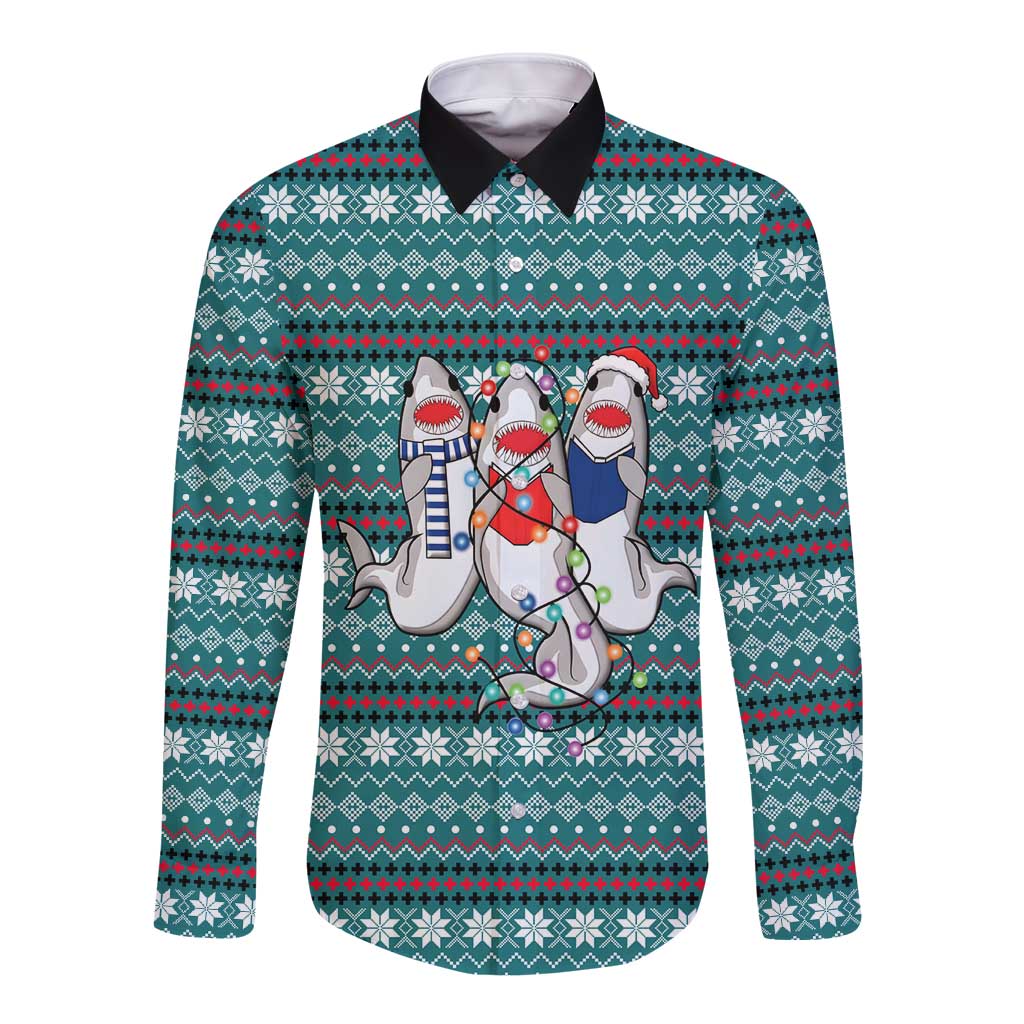 Funny Shark Christmas Long Sleeve Button Shirt Xmas Holiday Patterns - Wonder Print Shop
