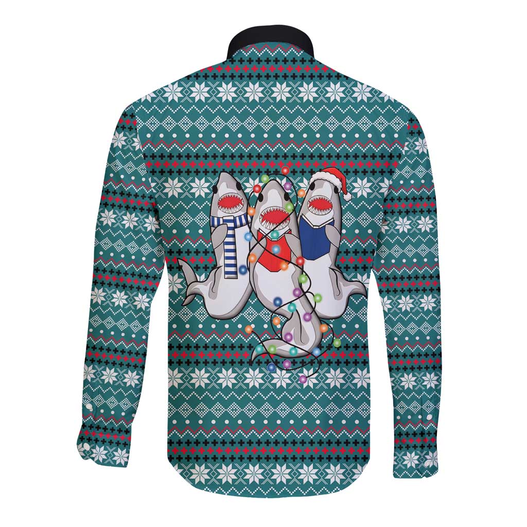 Funny Shark Christmas Long Sleeve Button Shirt Xmas Holiday Patterns - Wonder Print Shop