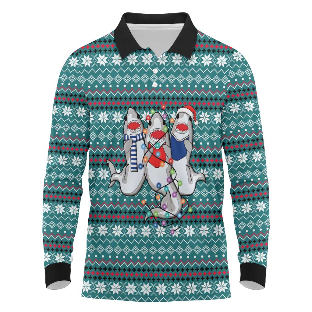 Funny Shark Christmas Long Sleeve Polo Shirt Xmas Holiday Patterns - Wonder Print Shop