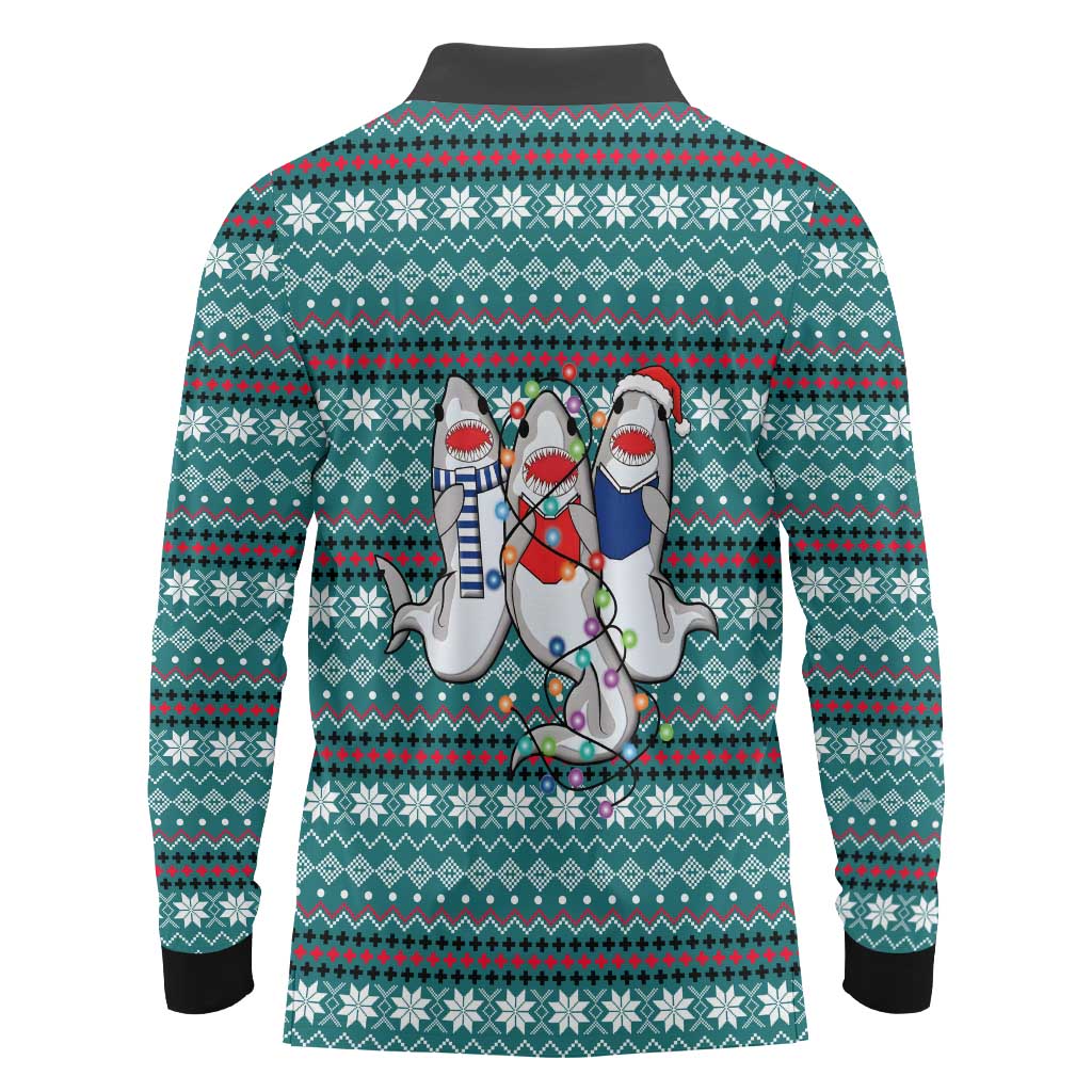 Funny Shark Christmas Long Sleeve Polo Shirt Xmas Holiday Patterns - Wonder Print Shop