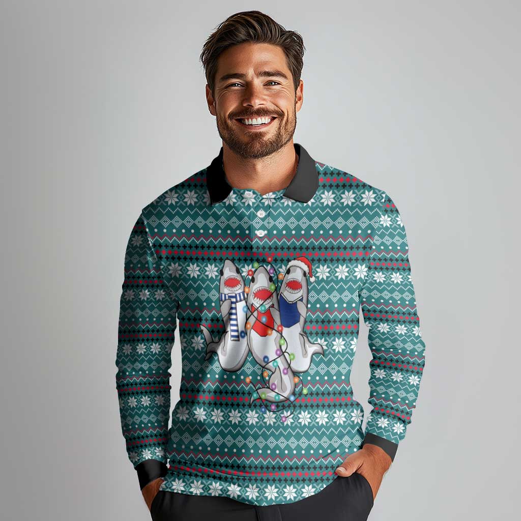Funny Shark Christmas Long Sleeve Polo Shirt Xmas Holiday Patterns - Wonder Print Shop