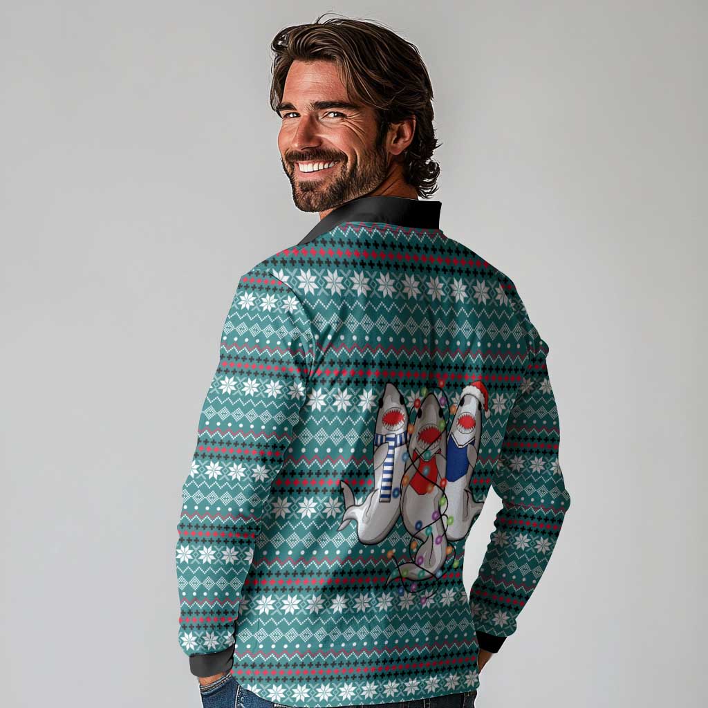 Funny Shark Christmas Long Sleeve Polo Shirt Xmas Holiday Patterns - Wonder Print Shop