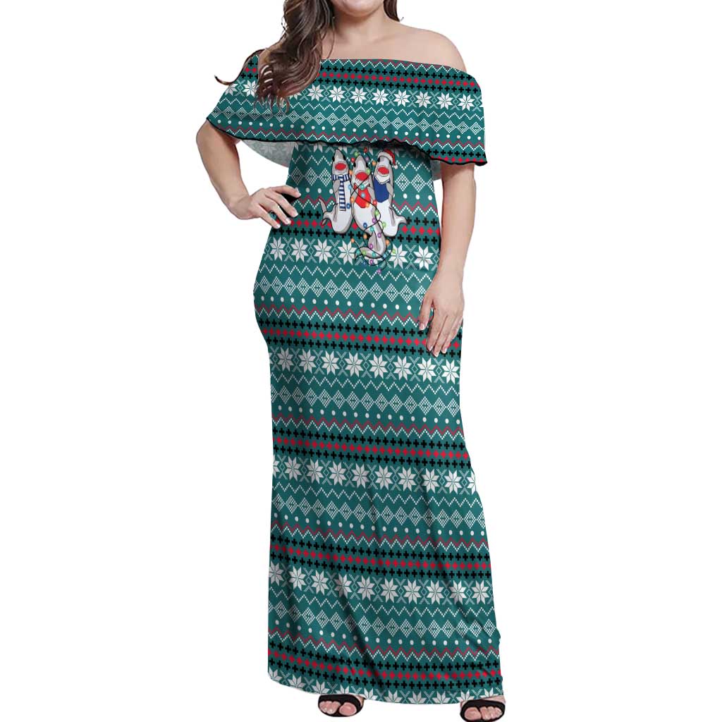 Funny Shark Christmas Off Shoulder Maxi Dress Xmas Holiday Patterns - Wonder Print Shop