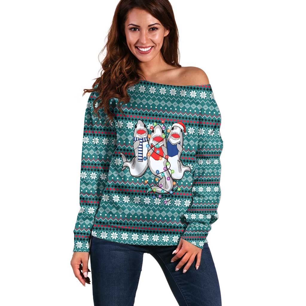Funny Shark Christmas Off Shoulder Sweater Xmas Holiday Patterns - Wonder Print Shop