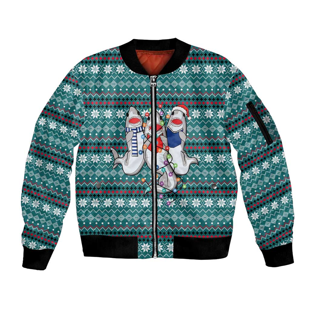 Funny Shark Christmas Sleeve Zip Bomber Jacket Xmas Holiday Patterns - Wonder Print Shop