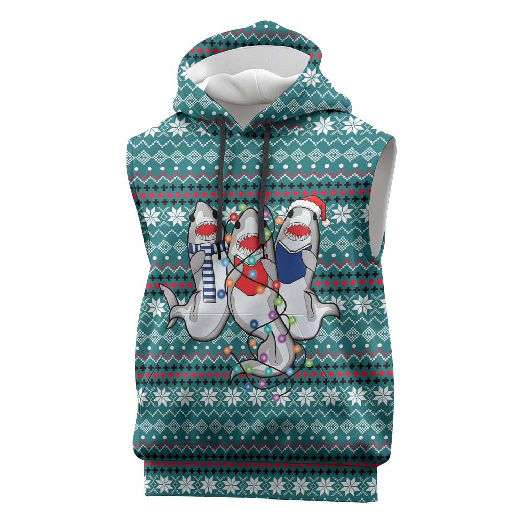 Funny Shark Christmas Sleeveless Hoodie Xmas Holiday Patterns - Wonder Print Shop