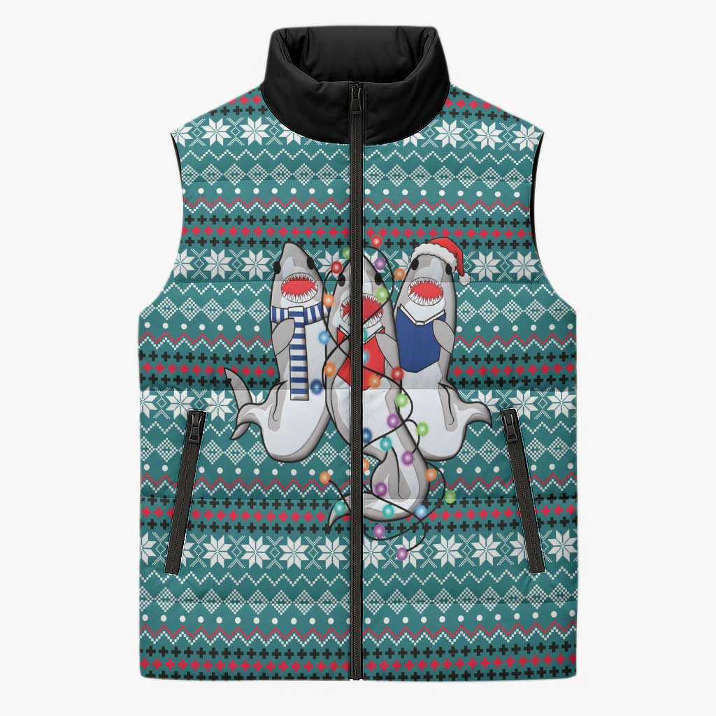 Funny Shark Christmas Sleeveless Puffer Jacket Xmas Holiday Patterns - Wonder Print Shop