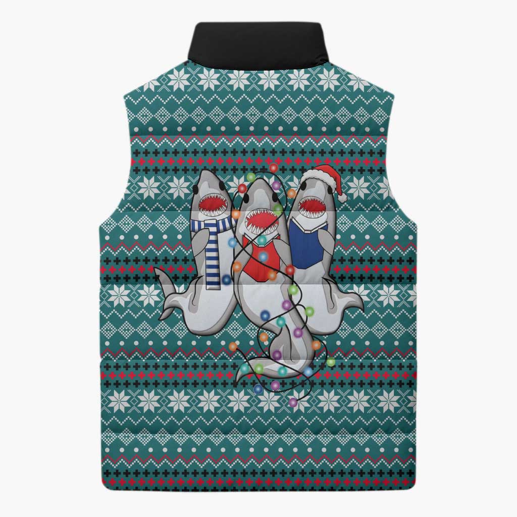 Funny Shark Christmas Sleeveless Puffer Jacket Xmas Holiday Patterns - Wonder Print Shop