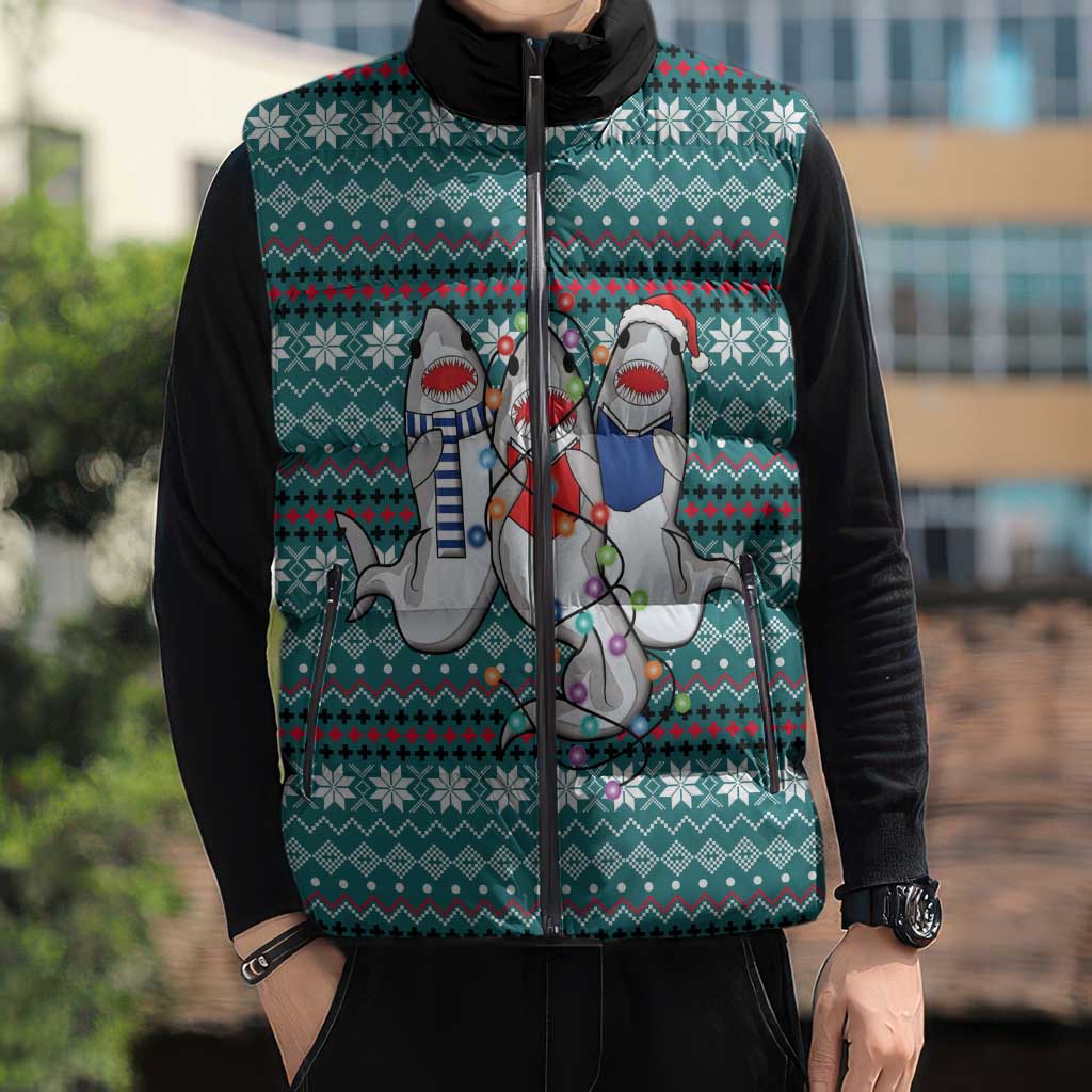 Funny Shark Christmas Sleeveless Puffer Jacket Xmas Holiday Patterns - Wonder Print Shop
