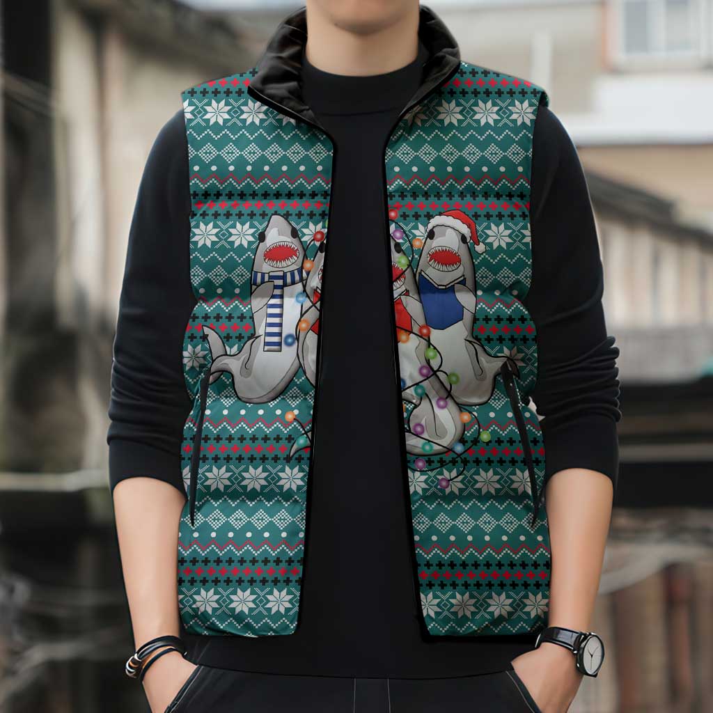 Funny Shark Christmas Sleeveless Puffer Jacket Xmas Holiday Patterns - Wonder Print Shop